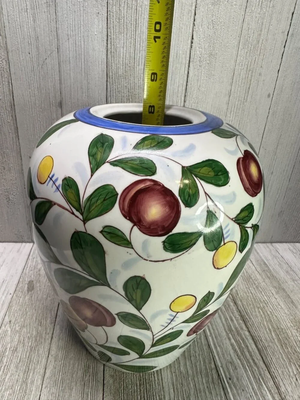 Vintage Chinese Cherry Berry Fruit Painted Vase Jar Red Stamped 8 Inches Tall
